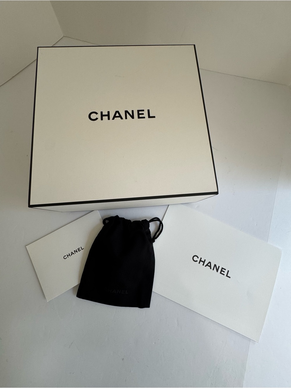 CHANEL Empty Gift Box Set Pouch Tissue Card Envelope Packaging 8 5/8 x 8 5/8 x 4